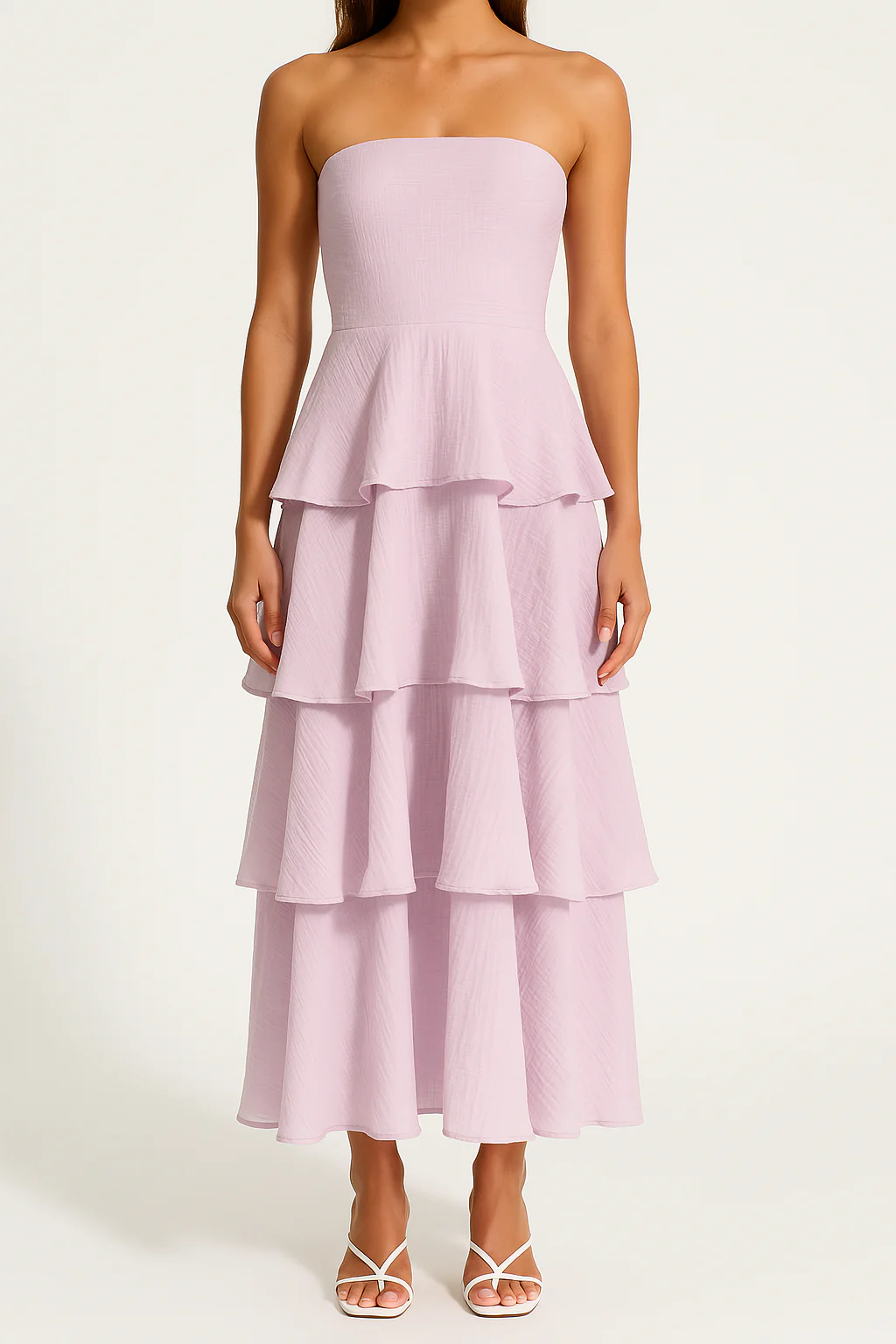 Women's strapless dress – fitted bodice – midi A-line – airy ruffle tiers - Image 5