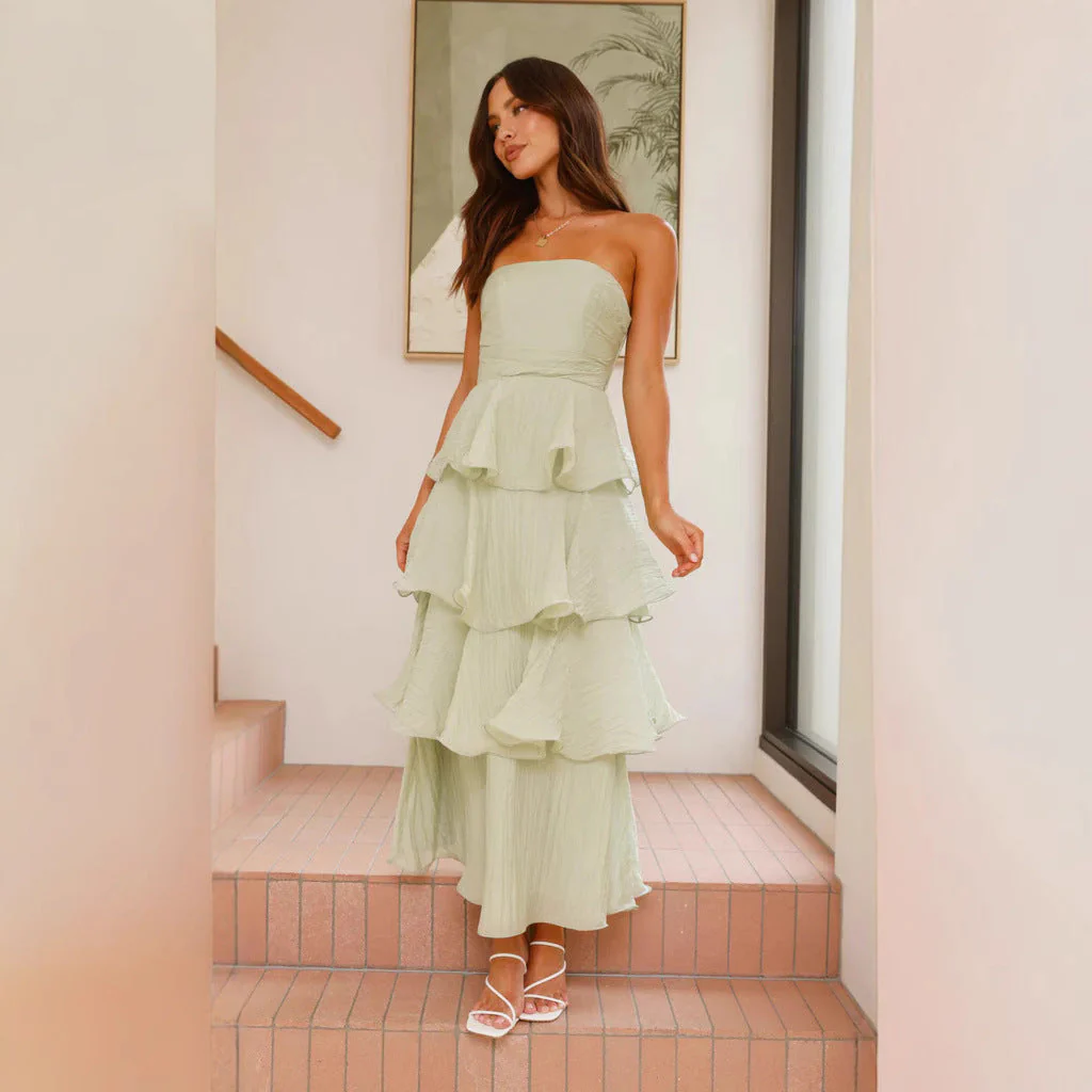 Women's strapless dress – fitted bodice – midi A-line – airy ruffle tiers - Image 6
