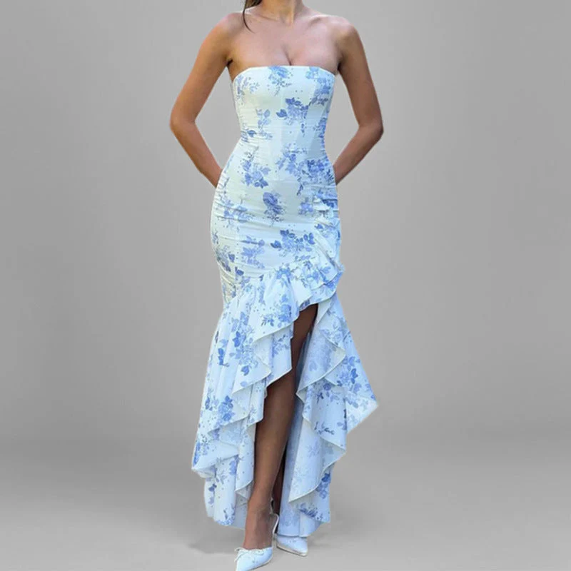 Ladies Strapless Dress – Slim Fit – Ruffles – Asymmetrical Ruffle Hem – Eveningwear - Image 5