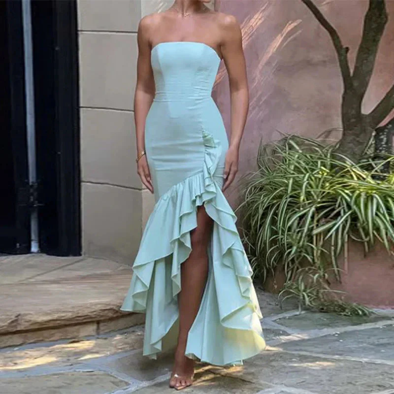 Ladies Strapless Dress – Slim Fit – Ruffles – Asymmetrical Ruffle Hem – Eveningwear - Image 6