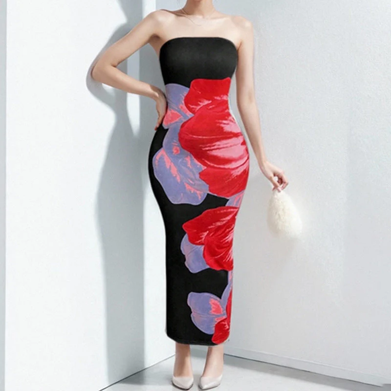 Women's Strapless Dress – Slim Fit – Silky Soft Fabric – Floral Print – Maxi Length - Image 2