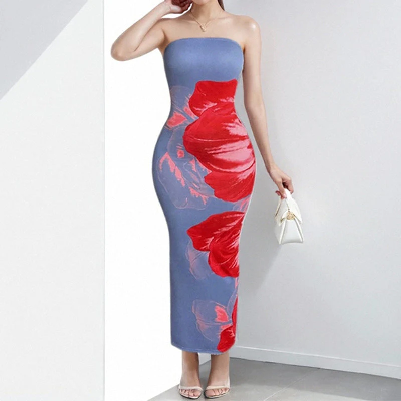 Women's Strapless Dress – Slim Fit – Silky Soft Fabric – Floral Print – Maxi Length - Image 3
