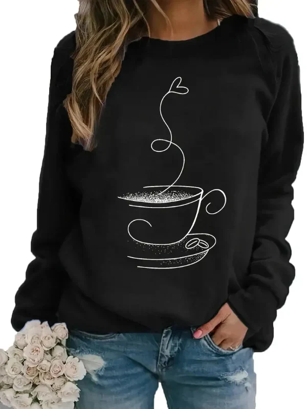 Women's Sweater – Relaxed Fit – Cotton Mix – Long Sleeves – Coffee Cup Print – Round Neck - Image 2