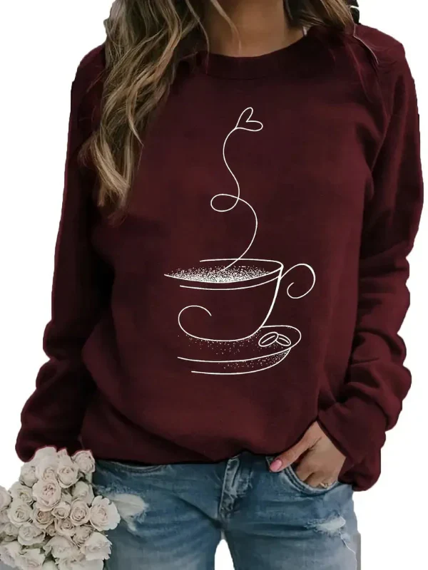 Women's Sweater – Relaxed Fit – Cotton Mix – Long Sleeves – Coffee Cup Print – Round Neck - Image 3