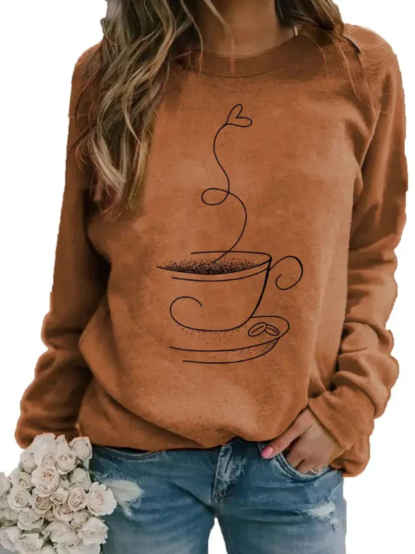 Women's Sweater – Relaxed Fit – Cotton Mix – Long Sleeves – Coffee Cup Print – Round Neck - Image 4