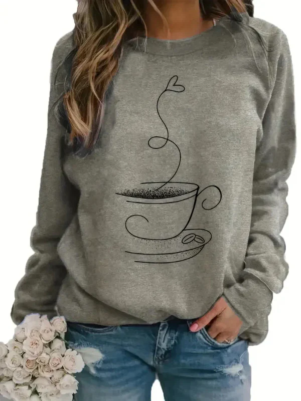 Women's Sweater – Relaxed Fit – Cotton Mix – Long Sleeves – Coffee Cup Print – Round Neck - Image 5