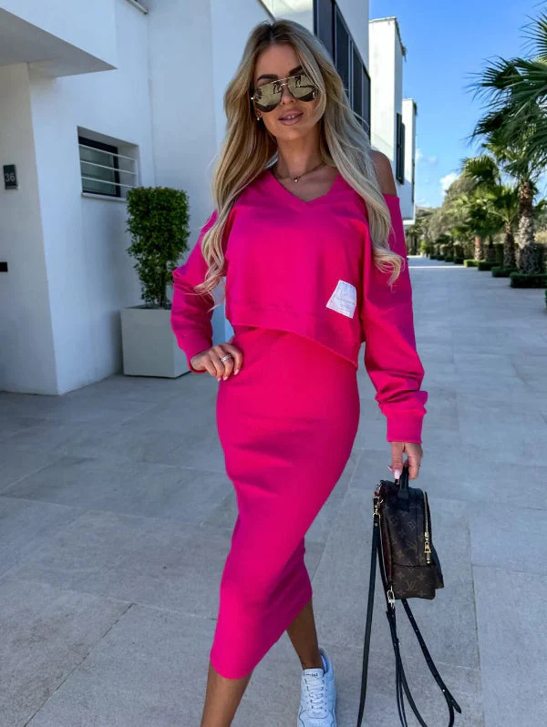 Women's Sweatshirt Dress Set – Slim Fit – Midi Length – V-Neck – Soft Cotton Blend - Image 3
