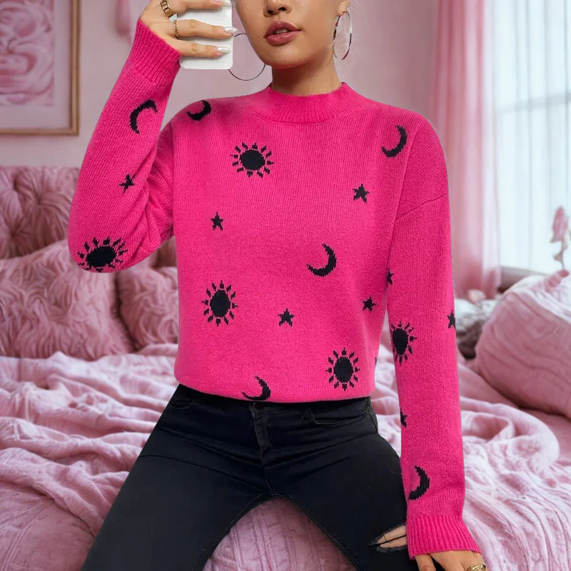 Women's Sweatshirt – Jacquard Knit – Relaxed Fit – Round Neck – Long Sleeves - Image 4
