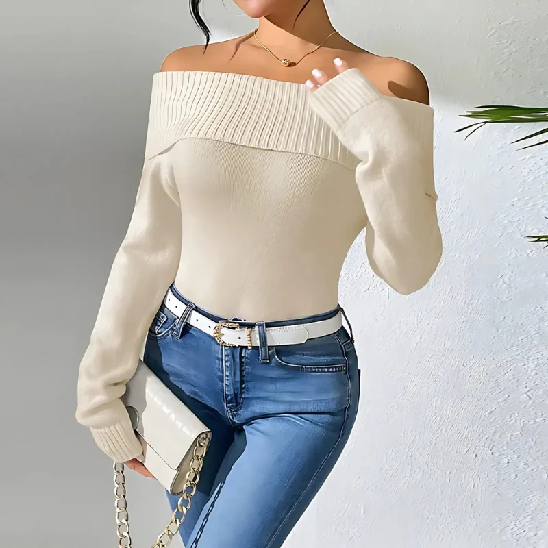Women's sweatshirt – Off-shoulder – Slim fit – Knitted – Ribbed neckline and cuffs - Image 2