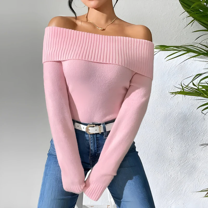 Women's sweatshirt – Off-shoulder – Slim fit – Knitted – Ribbed neckline and cuffs - Image 4