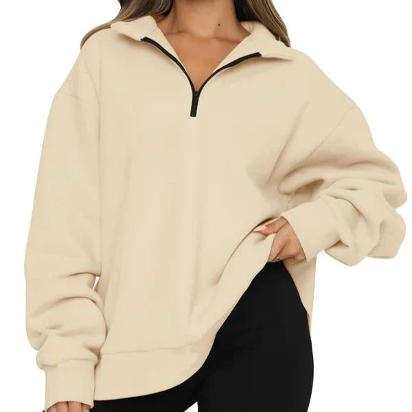Women's Sweatshirt – Oversized Fit – Cotton – High Collar – Short Zip - Image 2