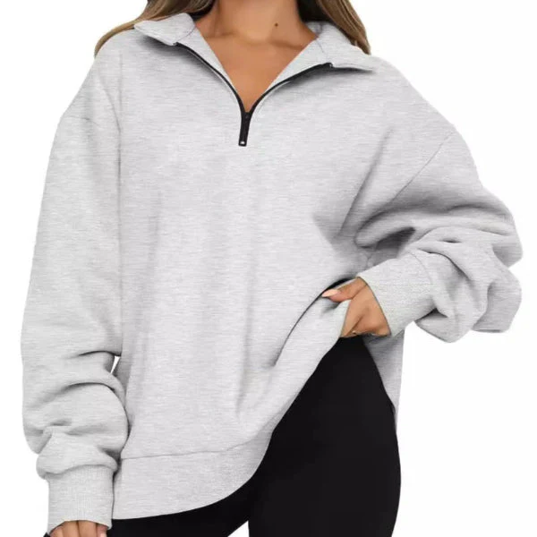 Women's Sweatshirt – Oversized Fit – Cotton – High Collar – Short Zip - Image 3