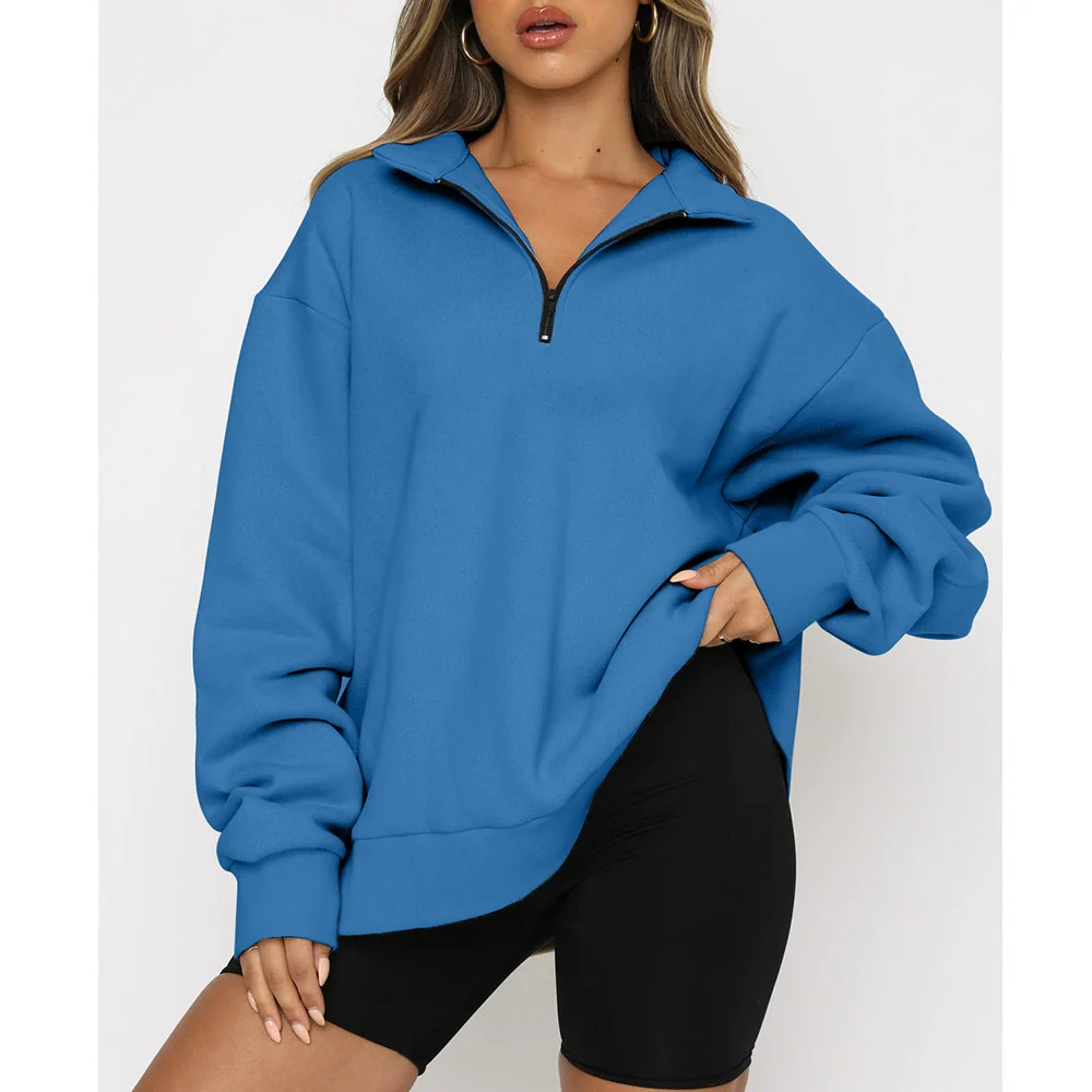 Women's Sweatshirt – Oversized Fit – Cotton – High Collar – Short Zip - Image 7