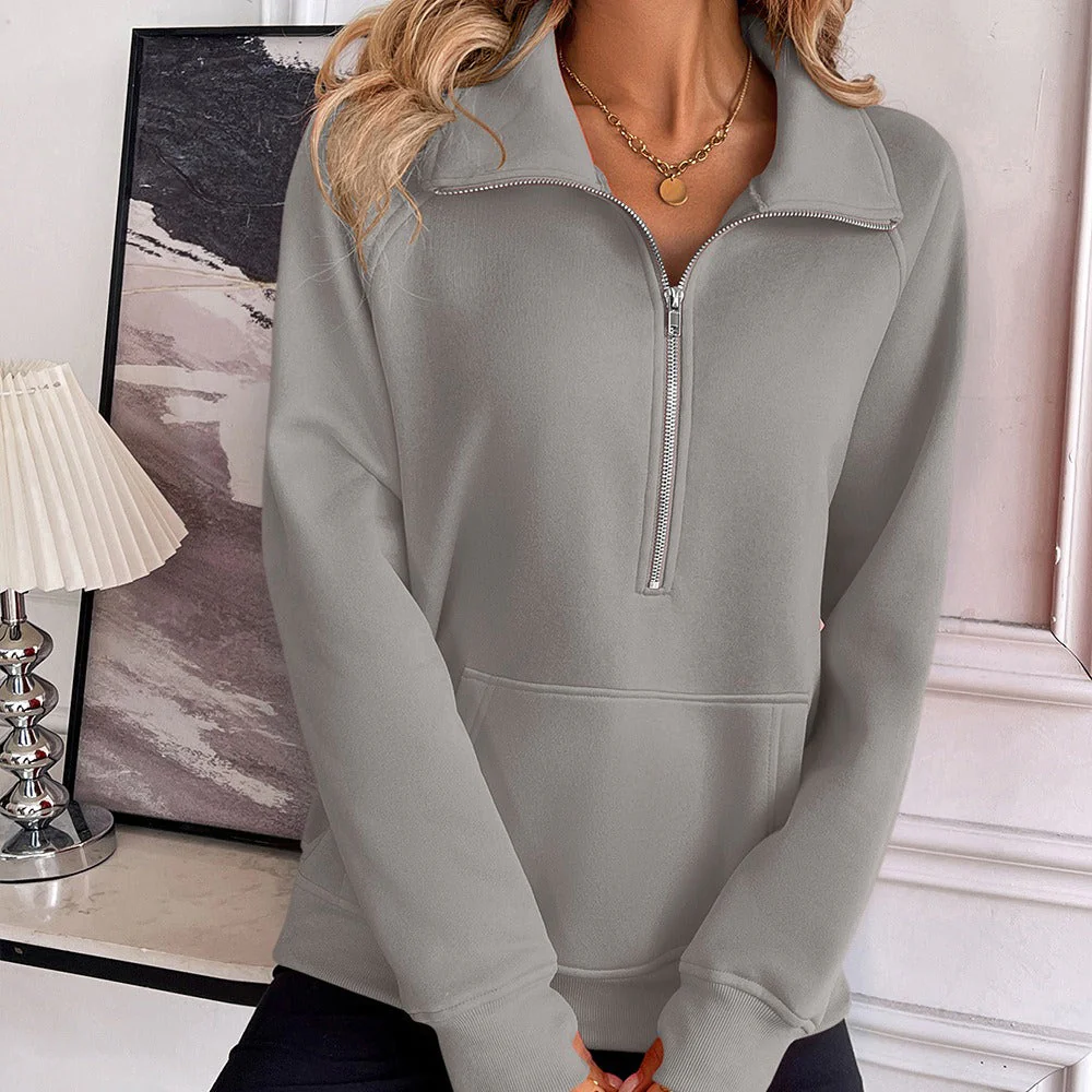 Women's sweatshirt – Relaxed fit – Cotton blend – Half zip high collar – Kangaroo pocket - Image 5
