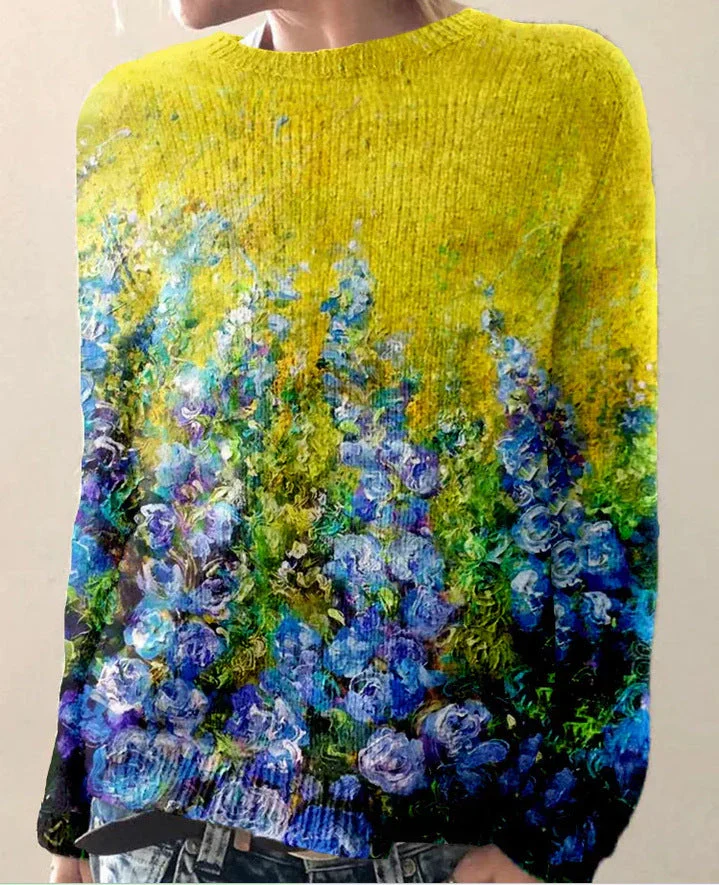 Women's Sweatshirt – Relaxed Fit – Wool – Embroidered Flowers – Long Sleeve Casual - Image 2