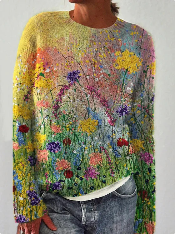 Women's Sweatshirt – Relaxed Fit – Wool – Embroidered Flowers – Long Sleeve Casual - Image 3