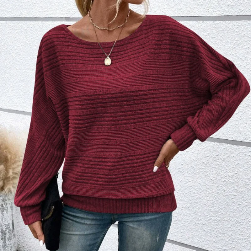 Women's Sweatshirt – Relaxed Fit – Dolman Sleeves – Ribbed Texture – Wide Neckline - Image 2