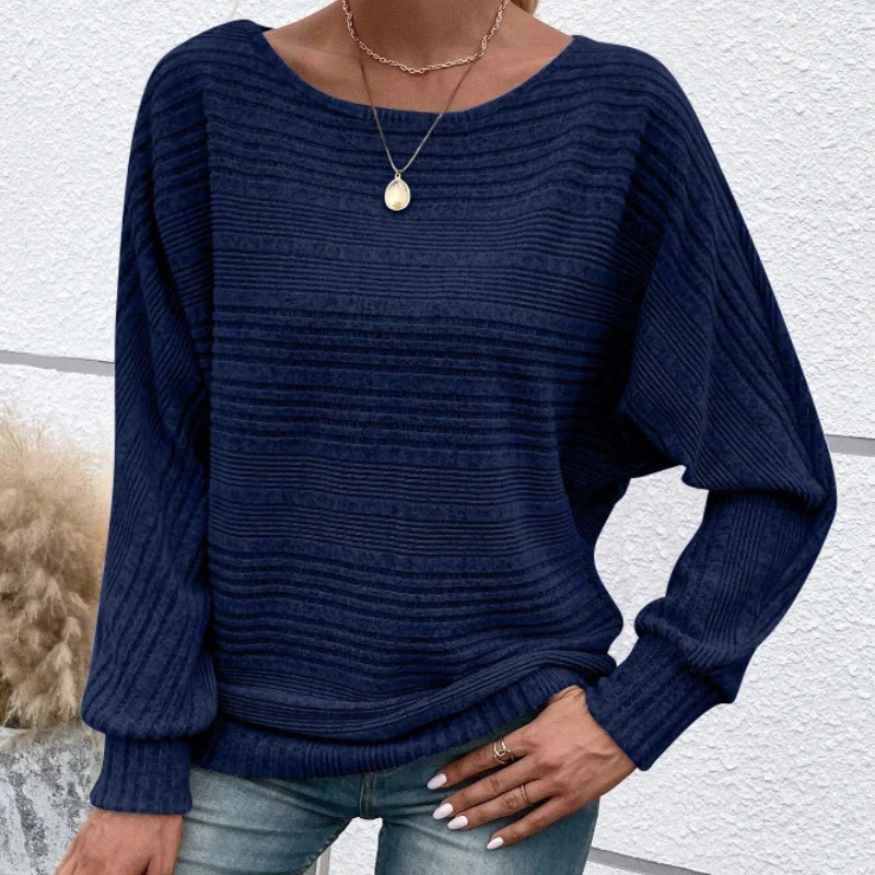 Women's Sweatshirt – Relaxed Fit – Dolman Sleeves – Ribbed Texture – Wide Neckline - Image 3