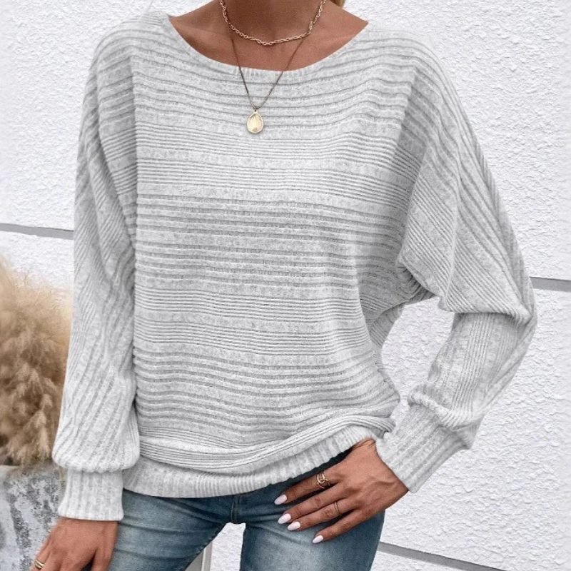 Women's Sweatshirt – Relaxed Fit – Dolman Sleeves – Ribbed Texture – Wide Neckline - Image 5
