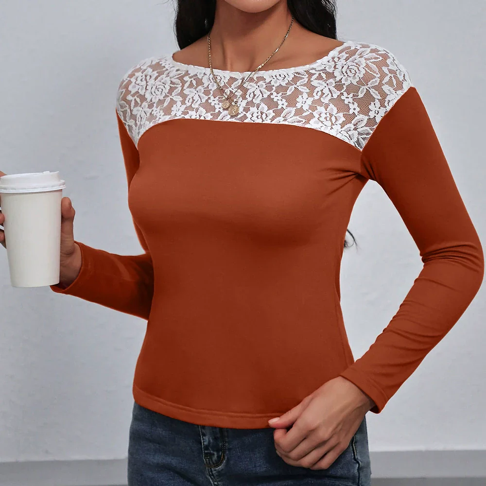 Women's T-shirt with long sleeves – Slim Fit – Lace Detail – Round Neck – Elegant Casual - Image 2