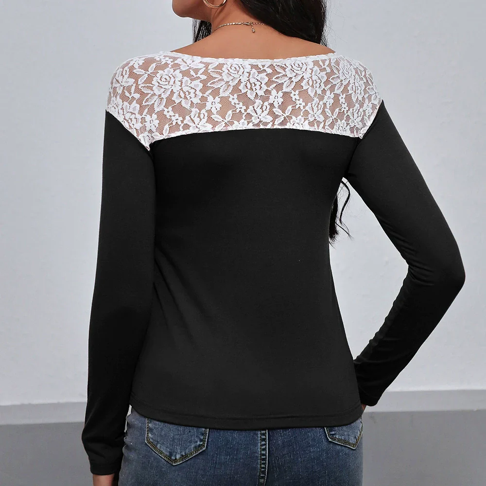 Women's T-shirt with long sleeves – Slim Fit – Lace Detail – Round Neck – Elegant Casual - Image 6
