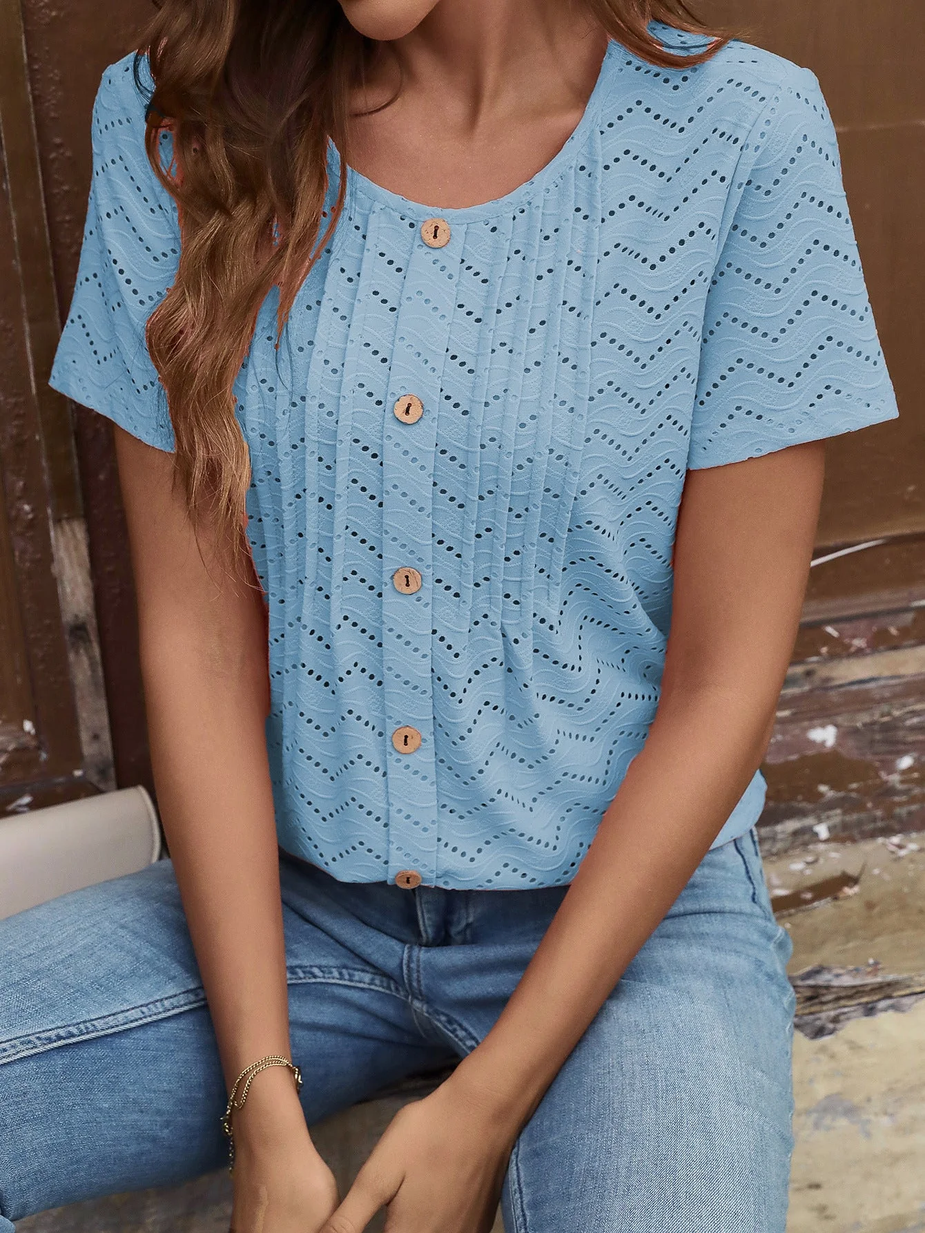 Women's T-shirt – Relaxed Fit – Breathable Fabric – Eyelet Texture – Button Closure - Image 3