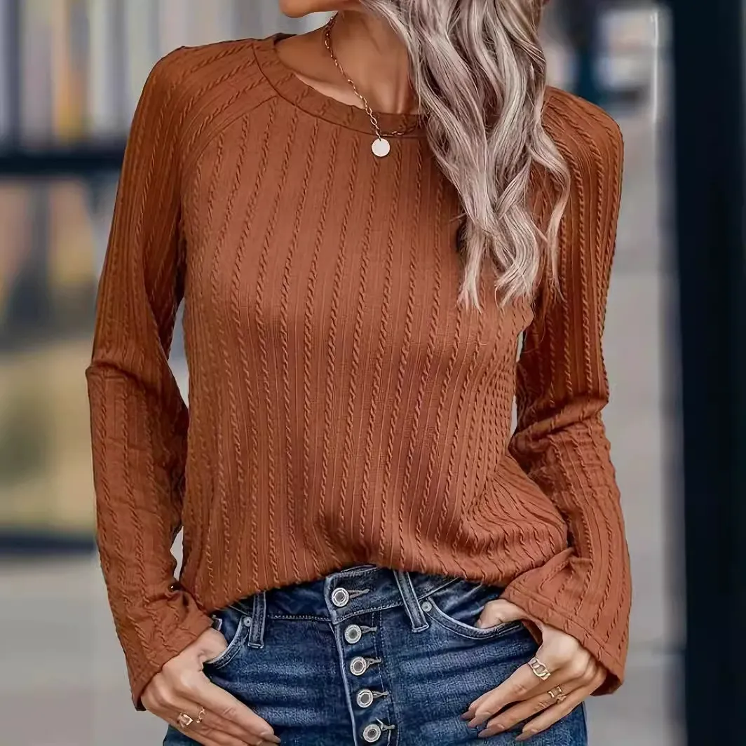 Women's T-shirt – Ribbed – Relaxed Fit – Long Sleeve – Round Neck - Image 3