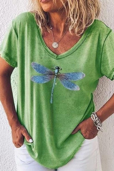 Women's T-shirt V-neck – Relaxed Fit – Breathable – Dragonfly Print – Short Sleeves - Image 2