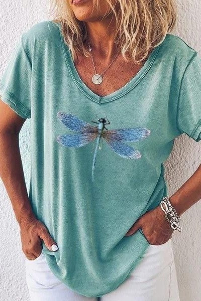 Women's T-shirt V-neck – Relaxed Fit – Breathable – Dragonfly Print – Short Sleeves - Image 3