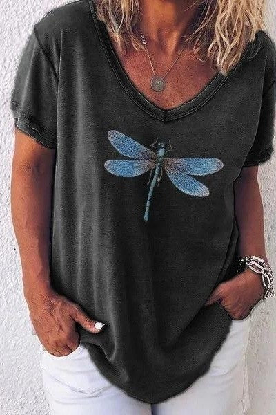 Women's T-shirt V-neck – Relaxed Fit – Breathable – Dragonfly Print – Short Sleeves - Image 4