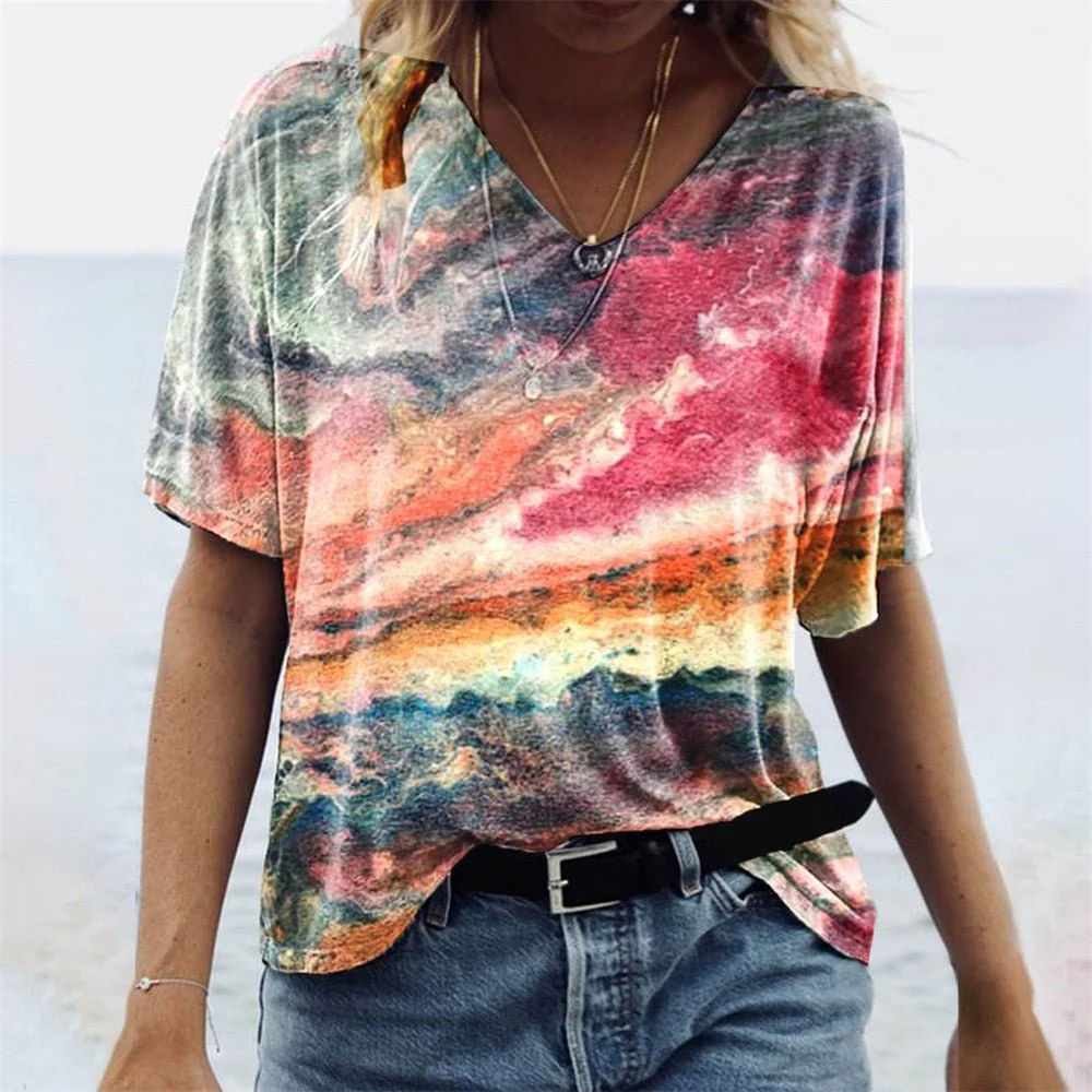 Women's T-shirt – V-neck – Relaxed Fit – Short Sleeve – Breathable Boho Design - Image 3