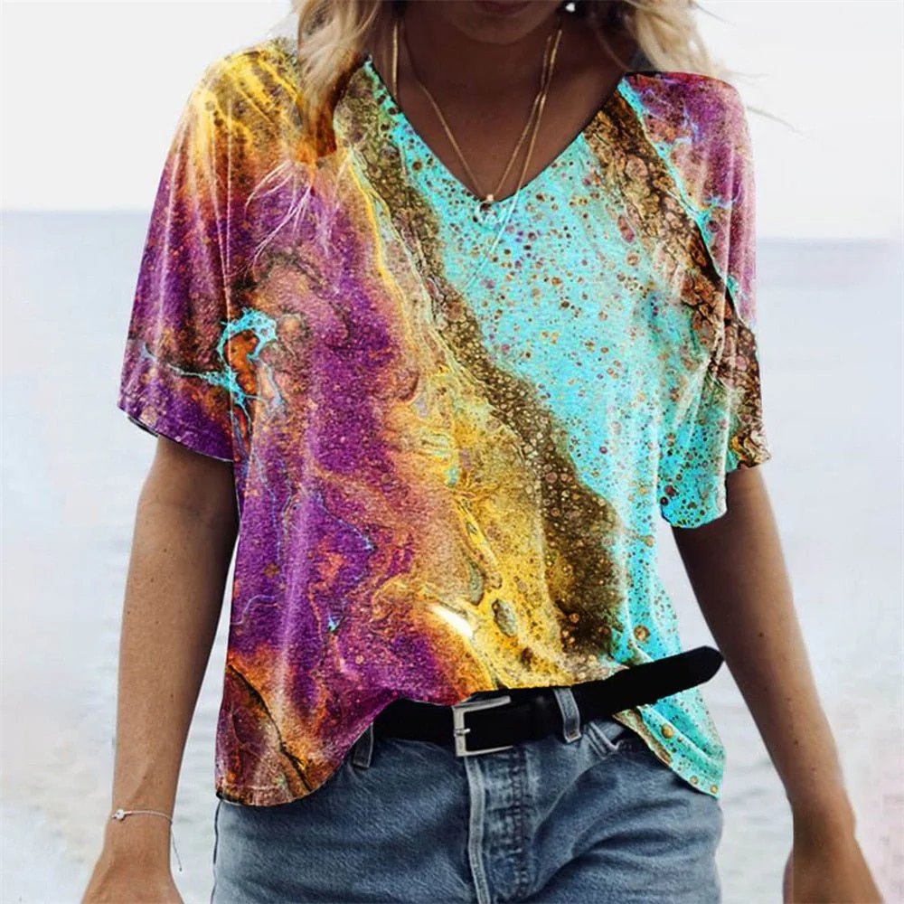 Women's T-shirt – V-neck – Relaxed Fit – Short Sleeve – Breathable Boho Design - Image 5