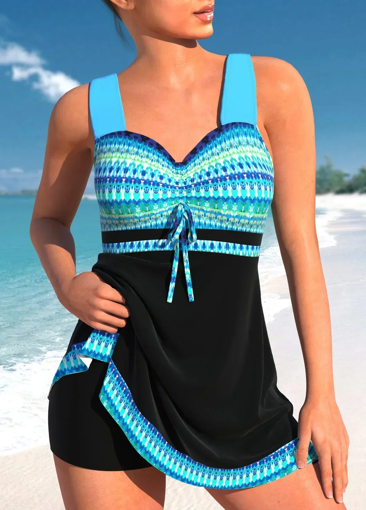 Women's Tankini Set – Slim Fit – Breathable Stretch Material – Bust Band – Patchwork Design - Image 2
