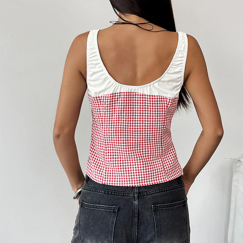 Women's Tank Top – Slim Fit – Gingham Check – Crop Top – Bow Detail – Cotton Blend - Image 2