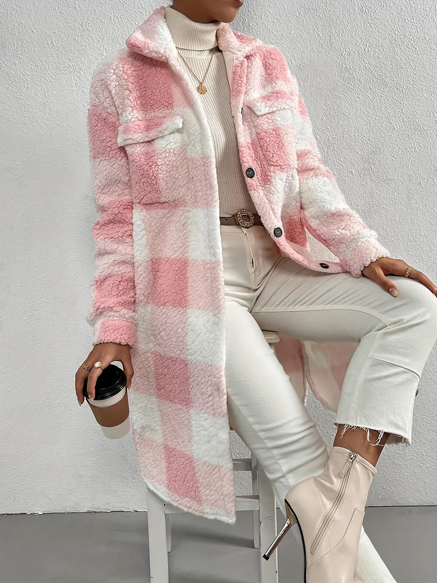 Women's Teddy Coat – Oversized Fit – Checked Pattern – Mid-Length – Flap Pockets - Image 4