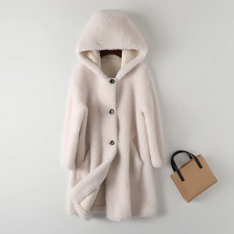 Women's Teddy Coat – Oversized Fit – With Hood – Button Closure – Mid-length - Image 3