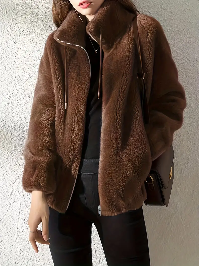 Women's Teddy Coat – Oversized Fit – Soft Fleece – High Collar with Zipper and Drawstrings - Image 2