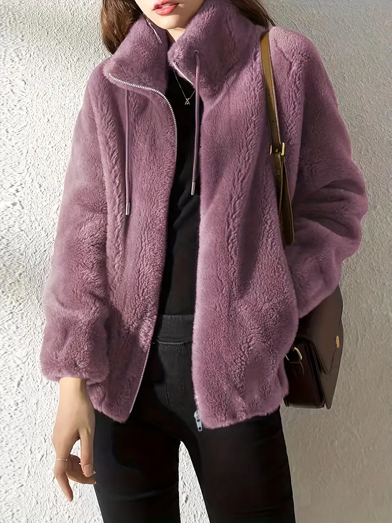 Women's Teddy Coat – Oversized Fit – Soft Fleece – High Collar with Zipper and Drawstrings - Image 3