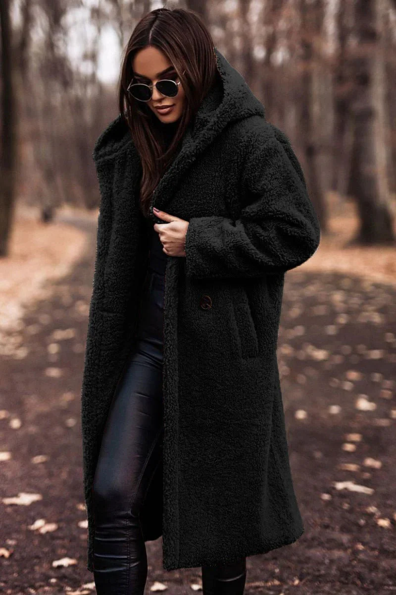 Women's Teddy Coat – Oversized Fit – Soft Fleece – Long Open Front – With Hood - Image 2