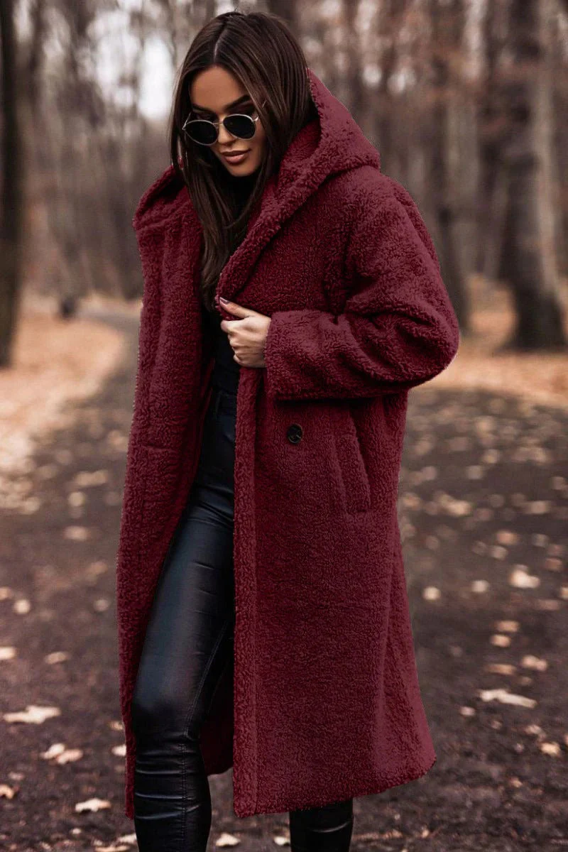 Women's Teddy Coat – Oversized Fit – Soft Fleece – Long Open Front – With Hood - Image 4