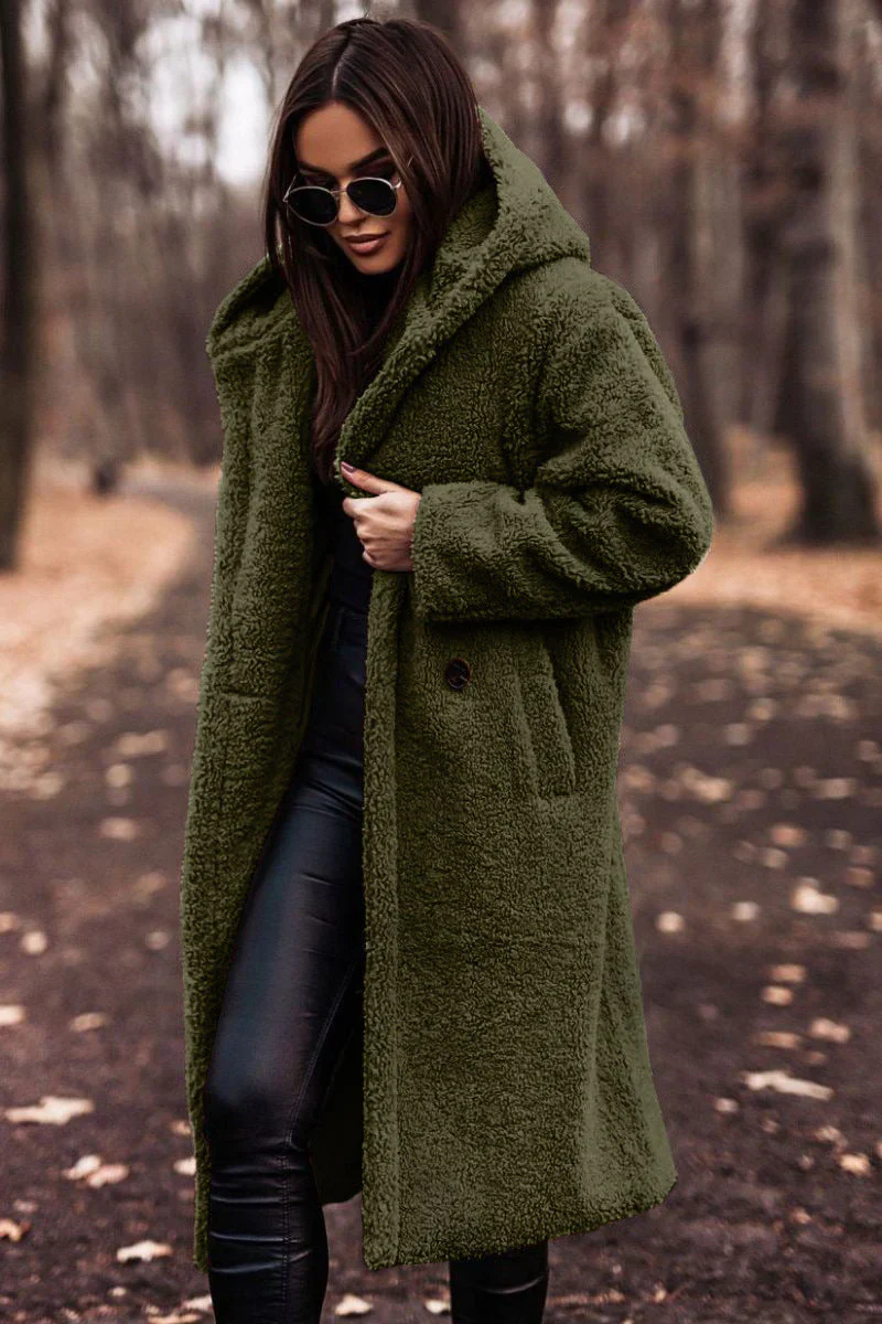 Women's Teddy Coat – Oversized Fit – Soft Fleece – Long Open Front – With Hood - Image 5