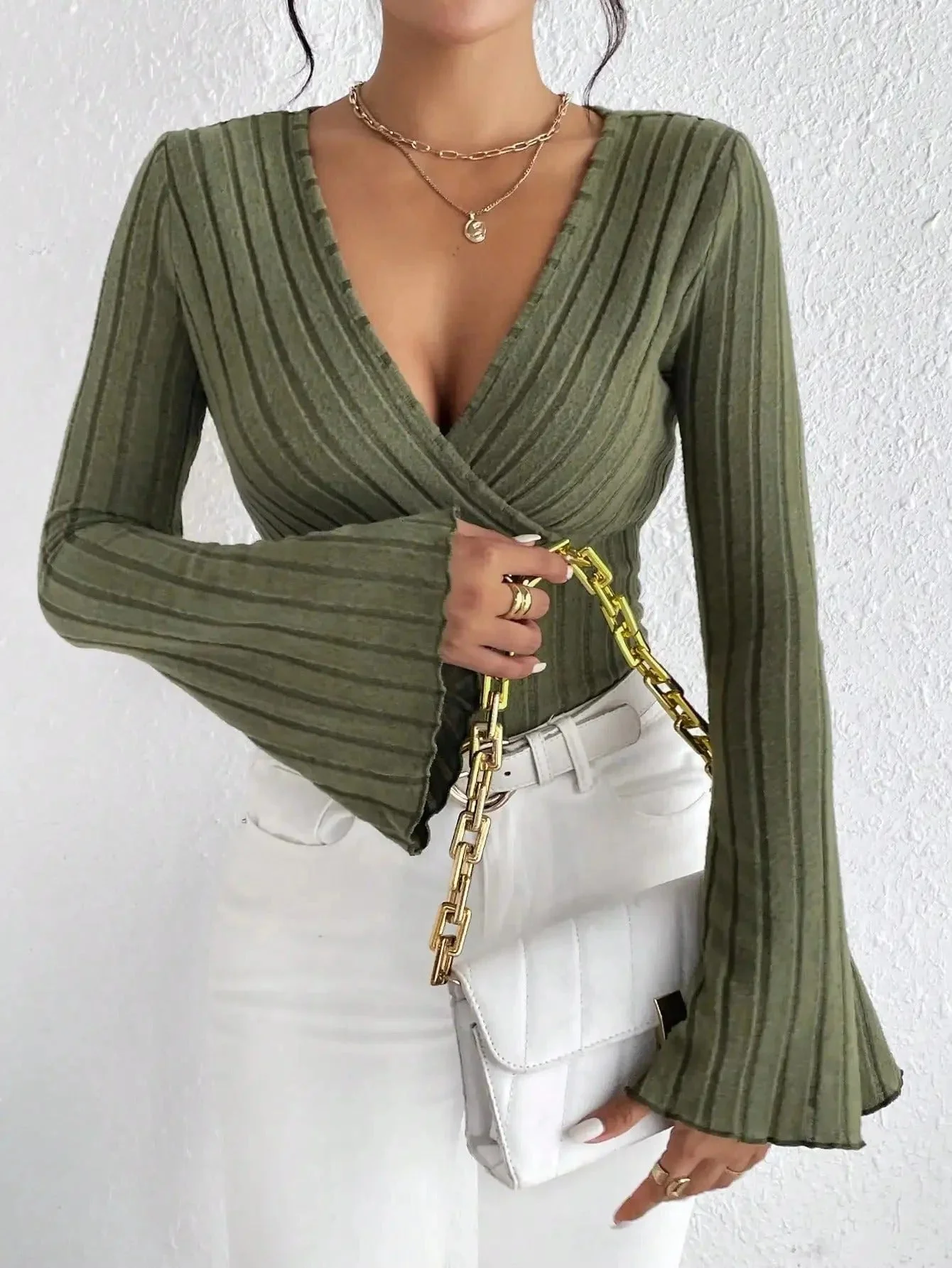 Women's Long Sleeve Top – Slim Fit – Ribbed Fabric – Wrap V-Neck – Flared Sleeves - Image 2