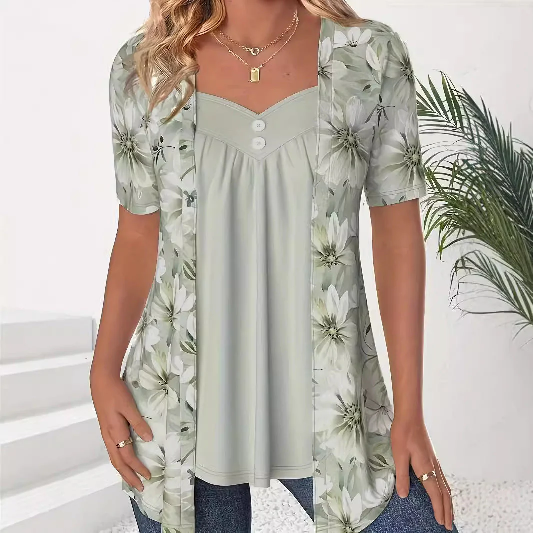 Ladies Top with Short Sleeves – Relaxed Fit – Sweetheart Neckline – Floral Print Layered Look - Image 2