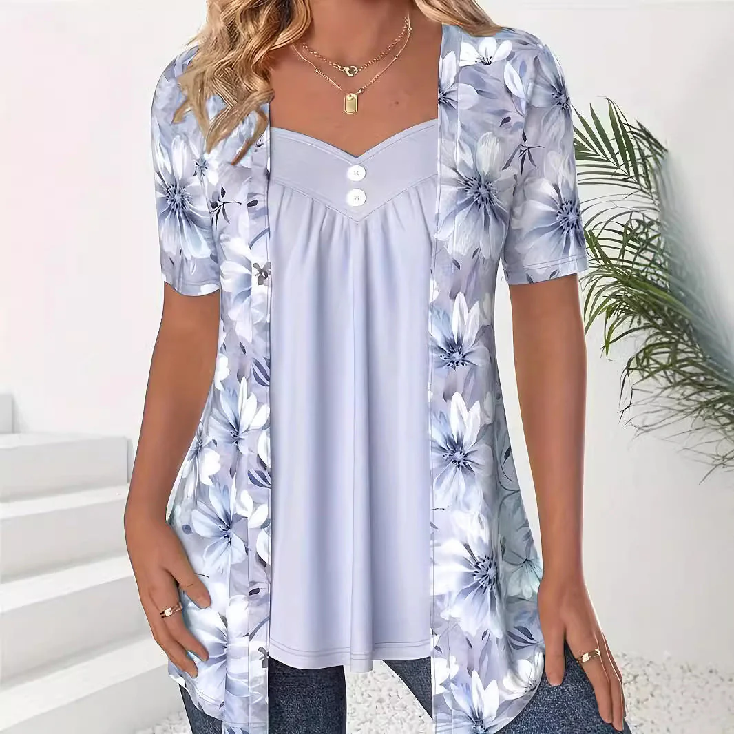 Ladies Top with Short Sleeves – Relaxed Fit – Sweetheart Neckline – Floral Print Layered Look - Image 3