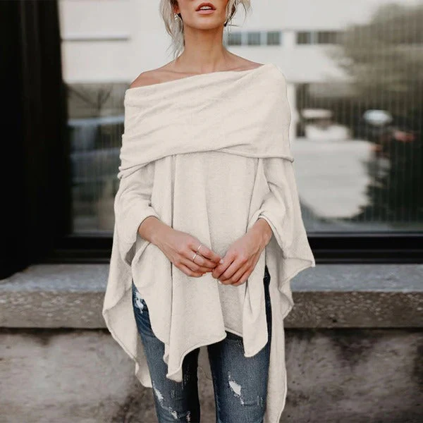 Women's Top with Long Sleeves – Off Shoulder – Loose Fit – Asymmetrical Hem – Knitted - Image 2