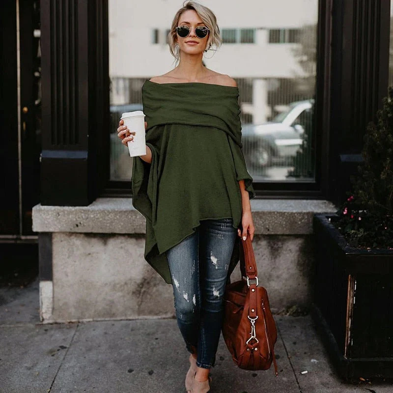 Women's Top with Long Sleeves – Off Shoulder – Loose Fit – Asymmetrical Hem – Knitted - Image 3