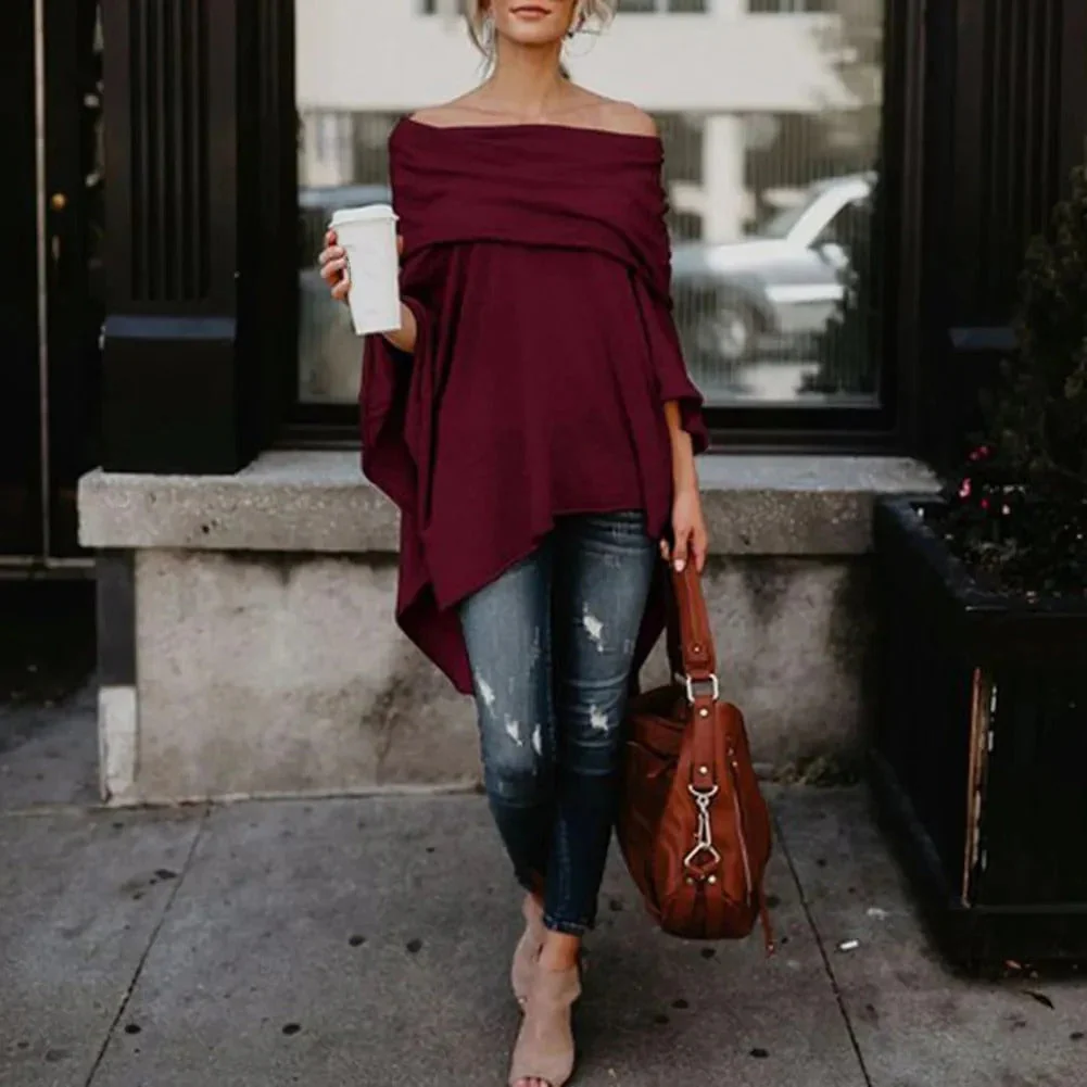 Women's Top with Long Sleeves – Off Shoulder – Loose Fit – Asymmetrical Hem – Knitted - Image 4