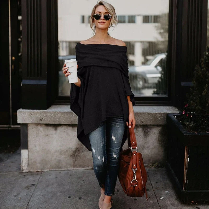 Women's Top with Long Sleeves – Off Shoulder – Loose Fit – Asymmetrical Hem – Knitted - Image 5