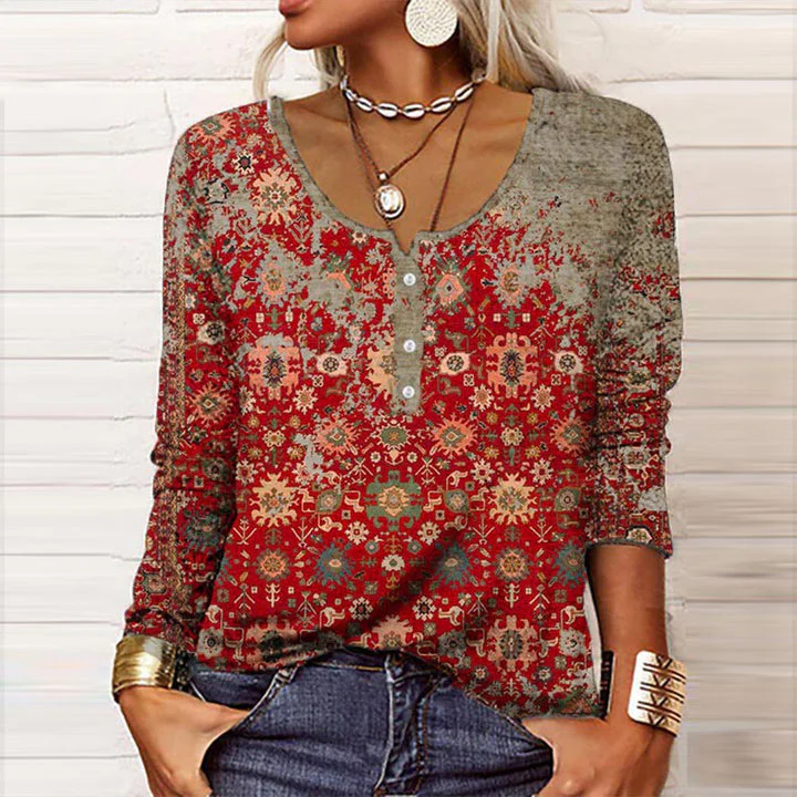 Women's Top with Long Sleeves – Relaxed Fit – Henley Neck – Soft Knit – Boho Print