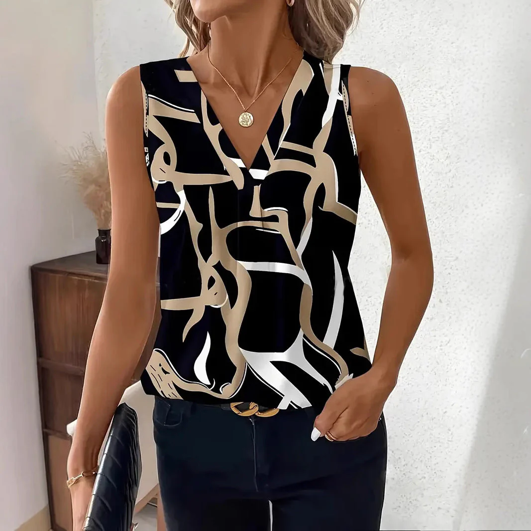 Ladies Top Sleeveless – V-neck – Relaxed Fit – Abstract Print – Breathable Cotton - Image 5